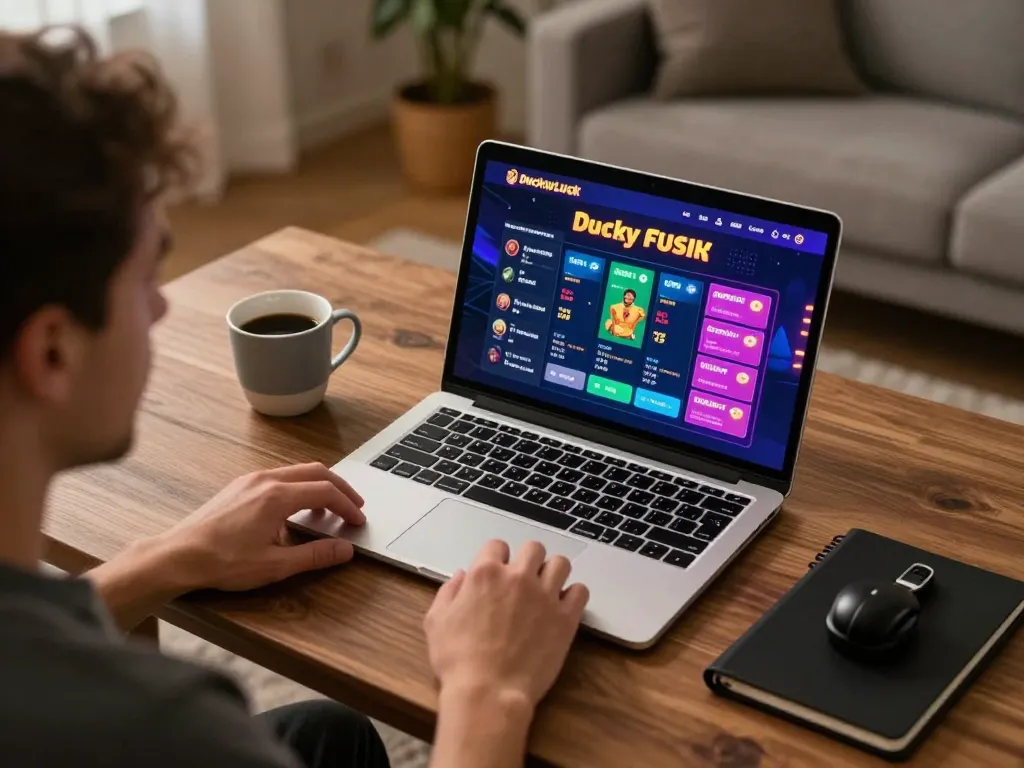 DuckyLuck casino reviews showcased through an engaging online gaming scene with a cozy home setup, highlighting responsible gambling strategies.