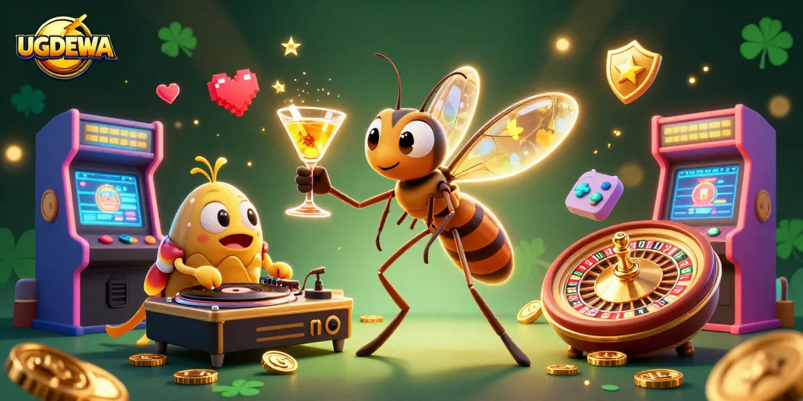 Spin to win with UGDEWA's vibrant casino scene, featuring dynamic characters and game elements.