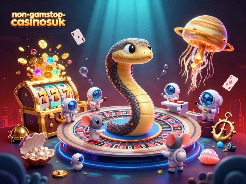 Experience cosmic betting at non-gamstop-casinosuk with playful astronaut mice around a roulette wheel.
