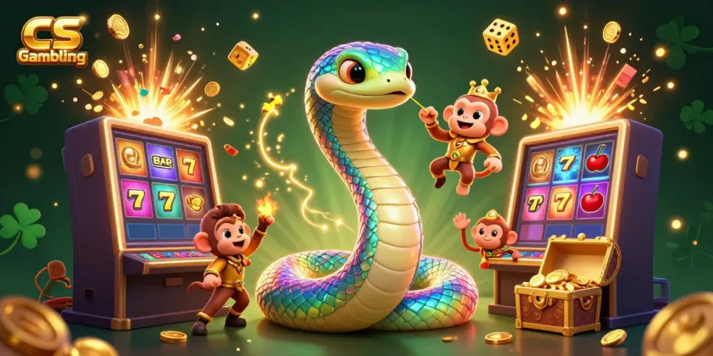 Experience CS Gambling excitement with vibrant characters, dynamic slot machine elements, and magical effects.