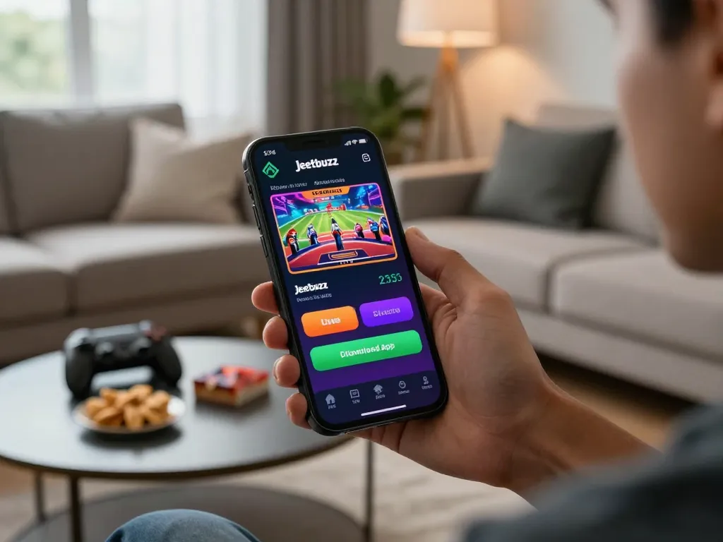 Engaging scene of a player using the Jeetbuzz Download App on their smartphone for a thrilling gaming experience