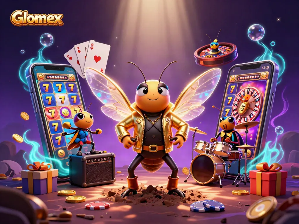 Glomex unveils animated casino scene with a rock star cicada and vibrant slot games action.
