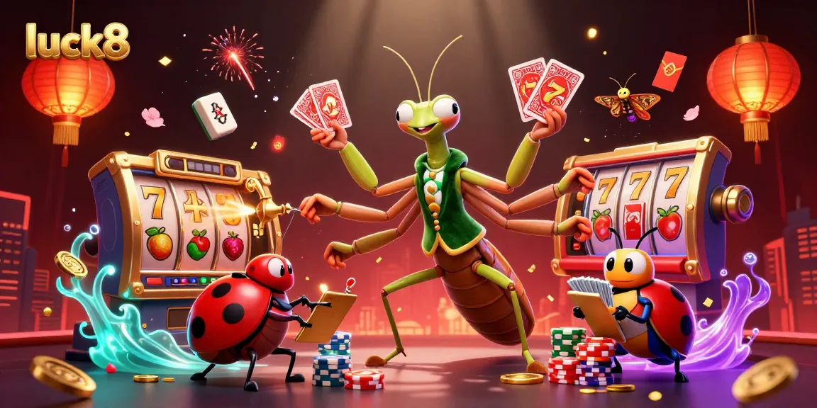 Engage with luck8's exciting casino experiences as a giant praying mantis deals cards surrounded by slot reels.