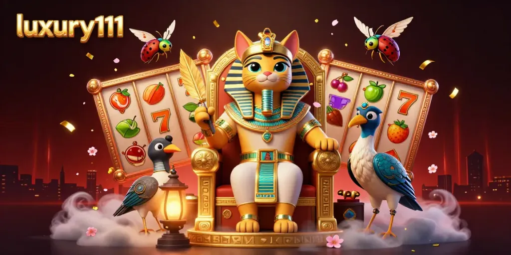 Engage with luxury111's vibrant online slot experience showcasing a pharaoh cat and treasures.