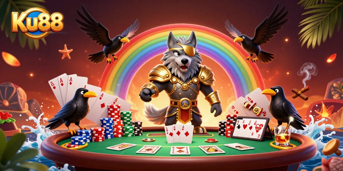 Engage in thrilling gameplay with Ku88's vibrant casino scene featuring majestic characters.