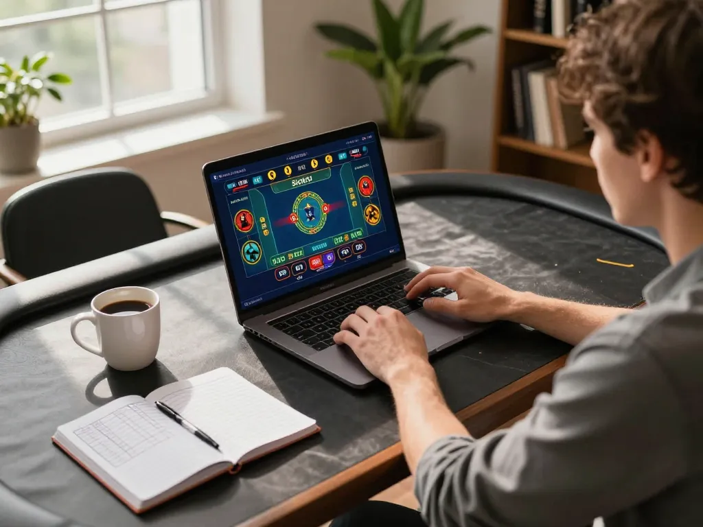 Sicbo gameplay on a laptop during a strategic online gambling session at home office
