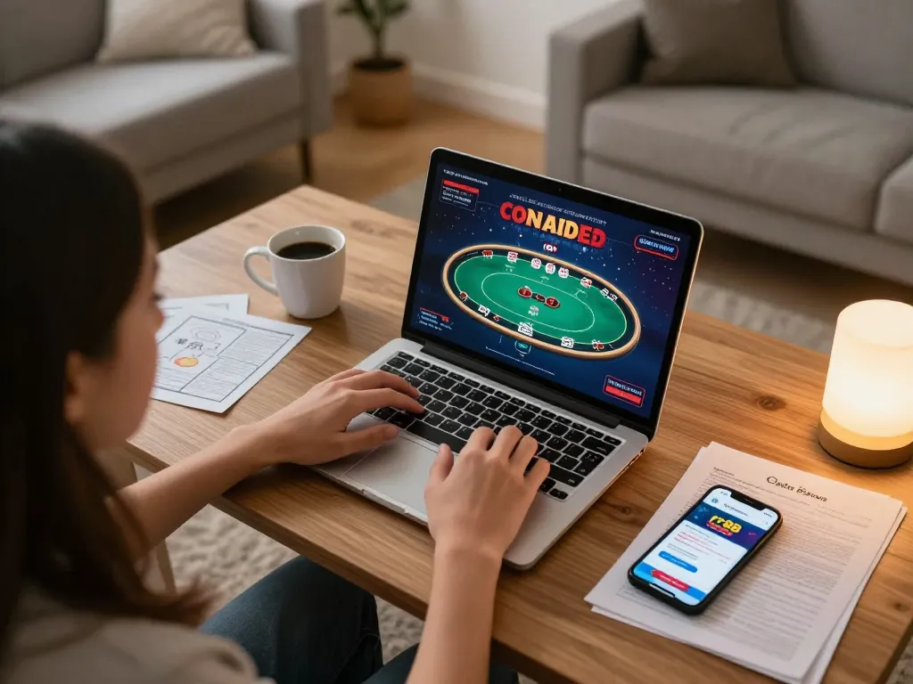 Player engages in poker on rr88 app at warm home setup with strategy notes and coffee.