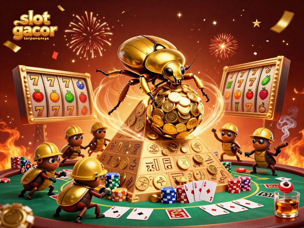 Engage with slot gacor terpercaya through a vibrant 3D scene of gold coins and excited beetles.