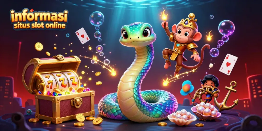 Informasi situs slot online yang menampilkan ilustrasi 3D karakter berwarna cerah dari permainan slot gacor.