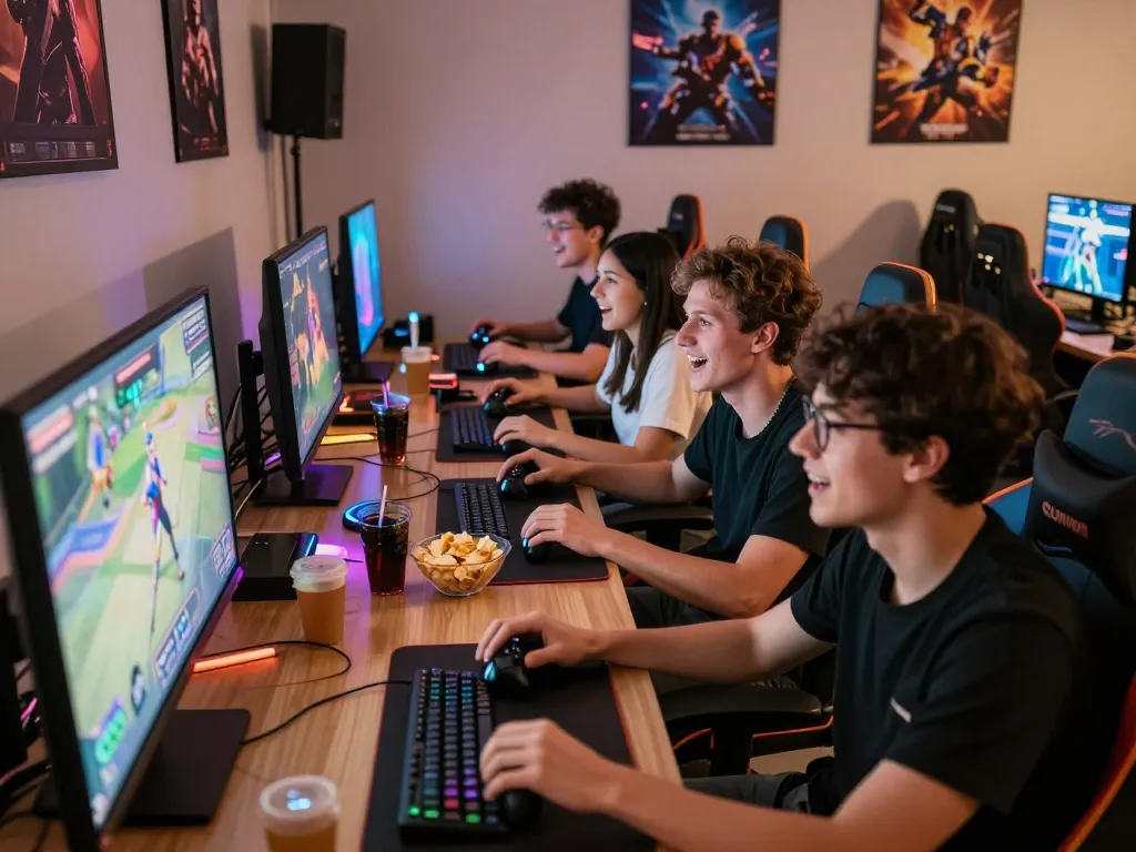 Friends playing game sunwin in a vibrant gaming lounge with snacks and colorful lights.