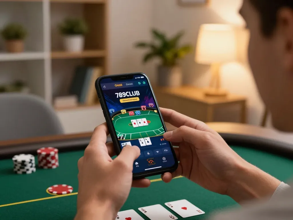 Engage with 789CLUB app for online poker from a cozy home setup, capturing gameplay moments.
