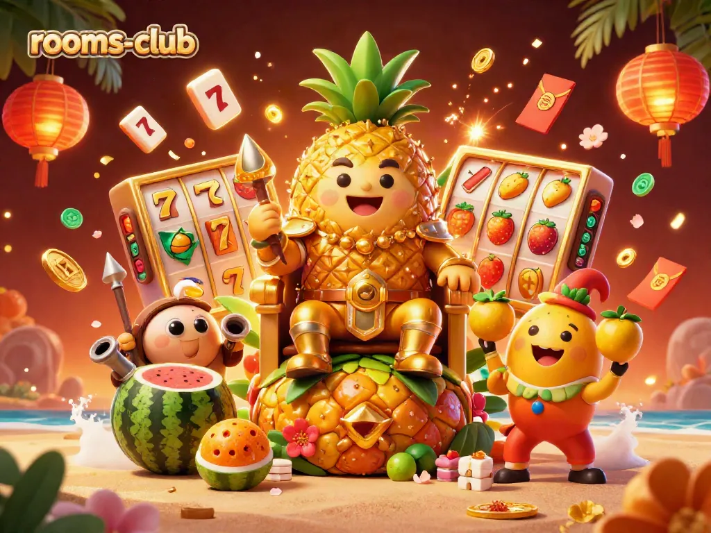 Gambaran kasino pantai dan karakter instalasi 3D dari rooms-club yang penuh warna dan menarik.