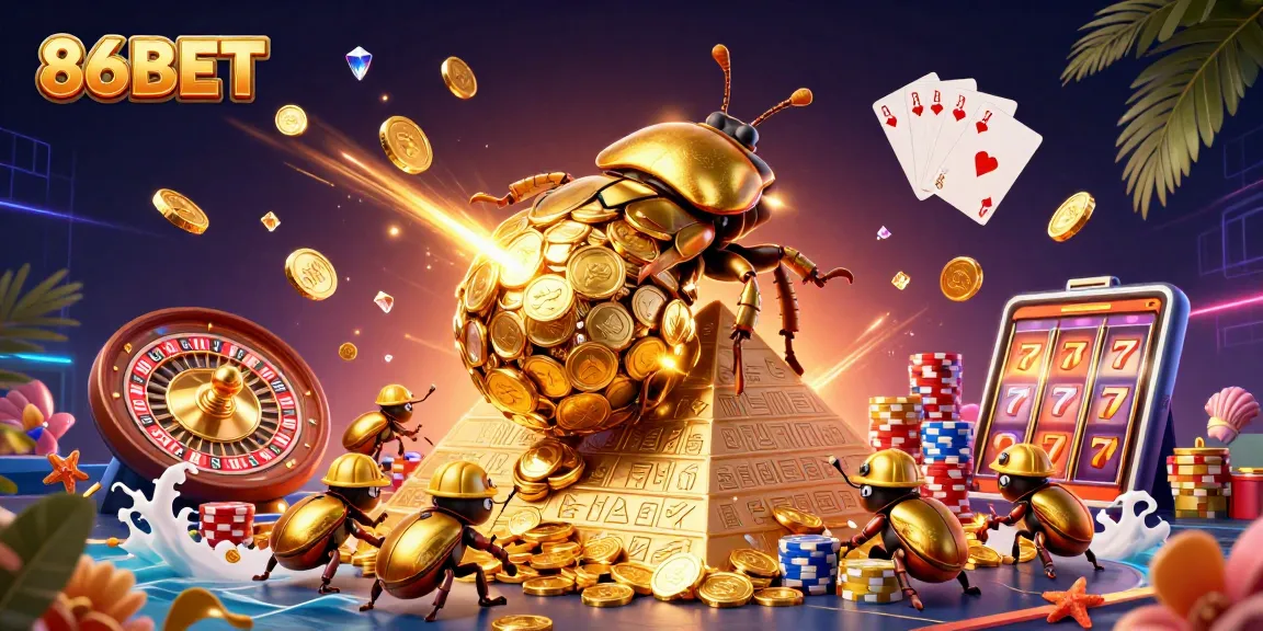 Experience thrilling gameplay at 86BET with vibrant casino elements and golden coins cascading around.