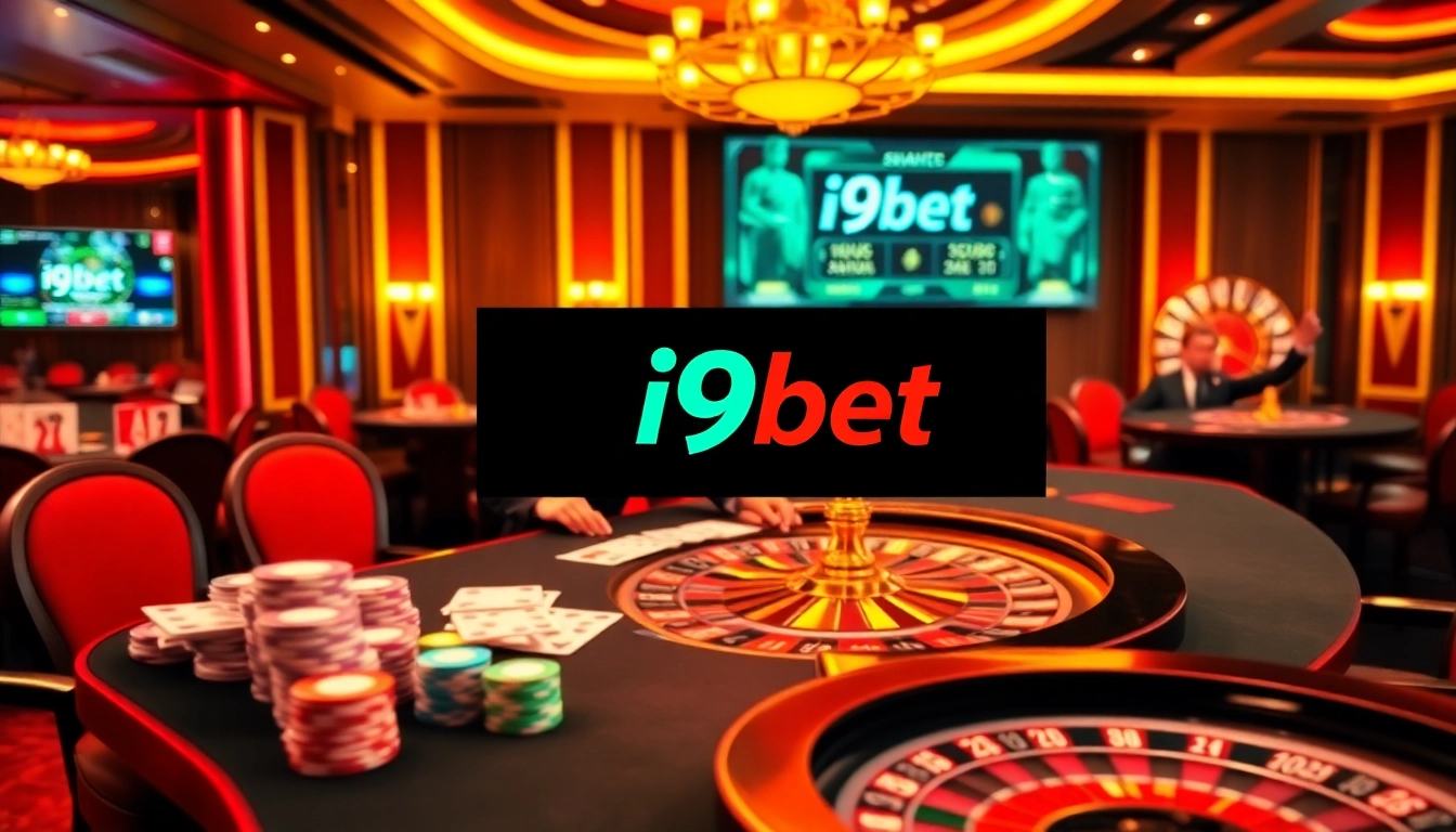 i9bet casino scene with vibrant gaming tables, chips, and roulette wheels.