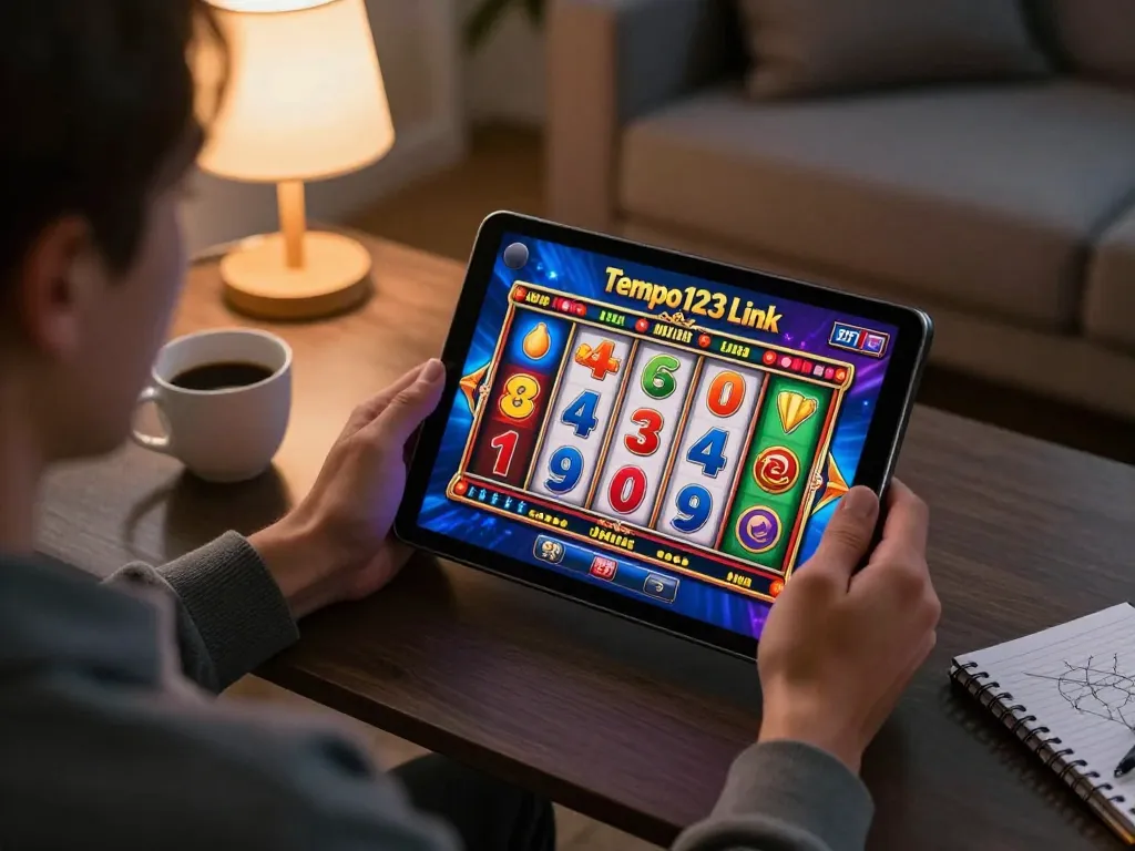 Engaging in exciting online gambling on Tempo123 Link slot game, showcasing dynamic tablet gameplay.
