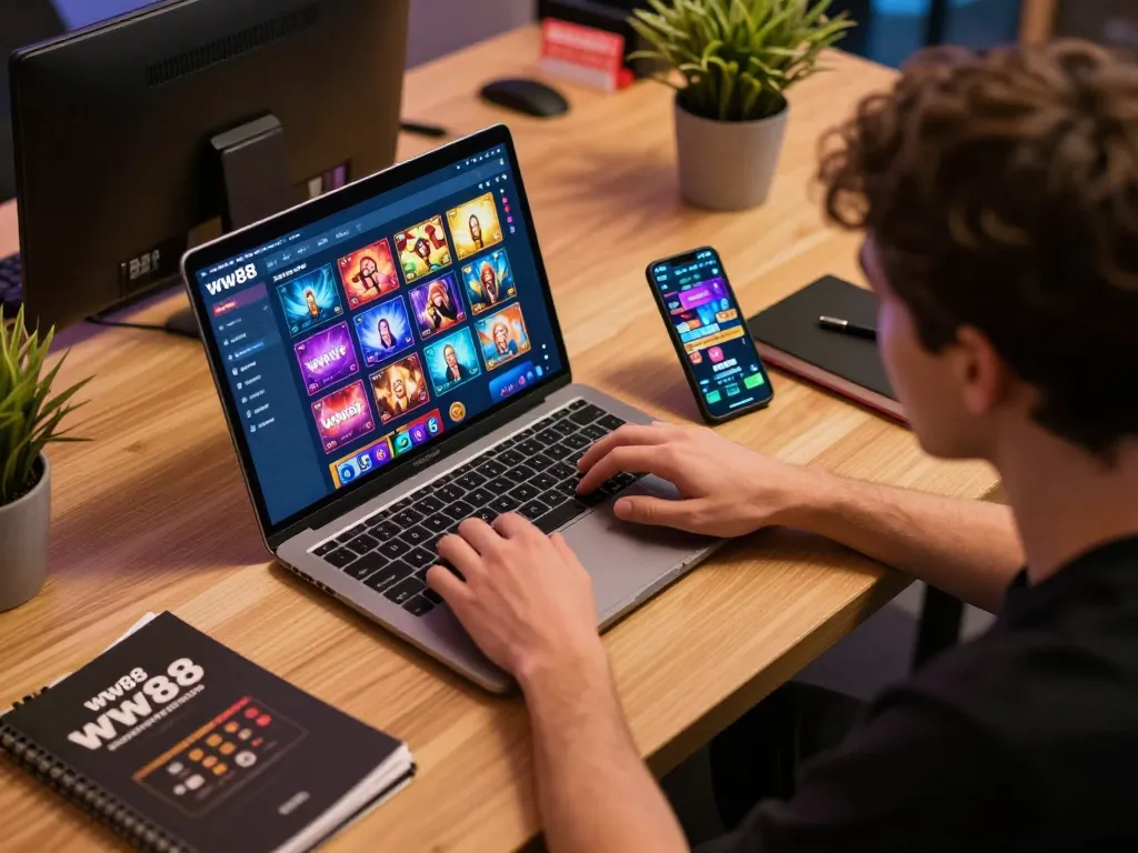 Engaging online casino gaming session at ww88 with a player focused on the laptop
