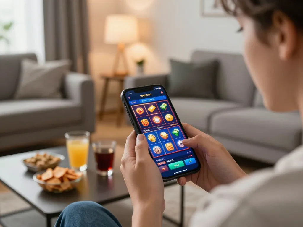 Pemain yang bersemangat menang di slot mobile dengan aplikasi Planet77 di setting rumah yang nyaman