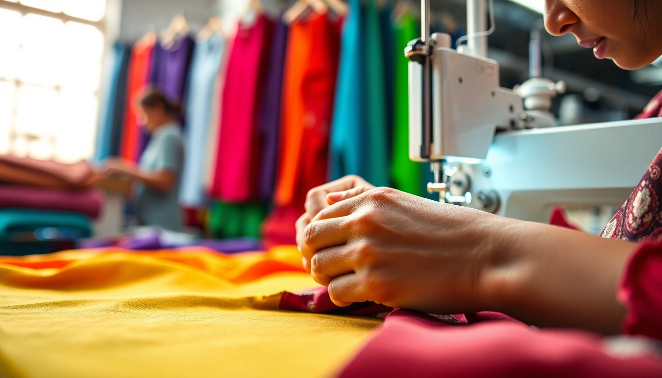 Clothing Manufacturer Private Label workspace with artisans sewing vibrant fabrics and designs.