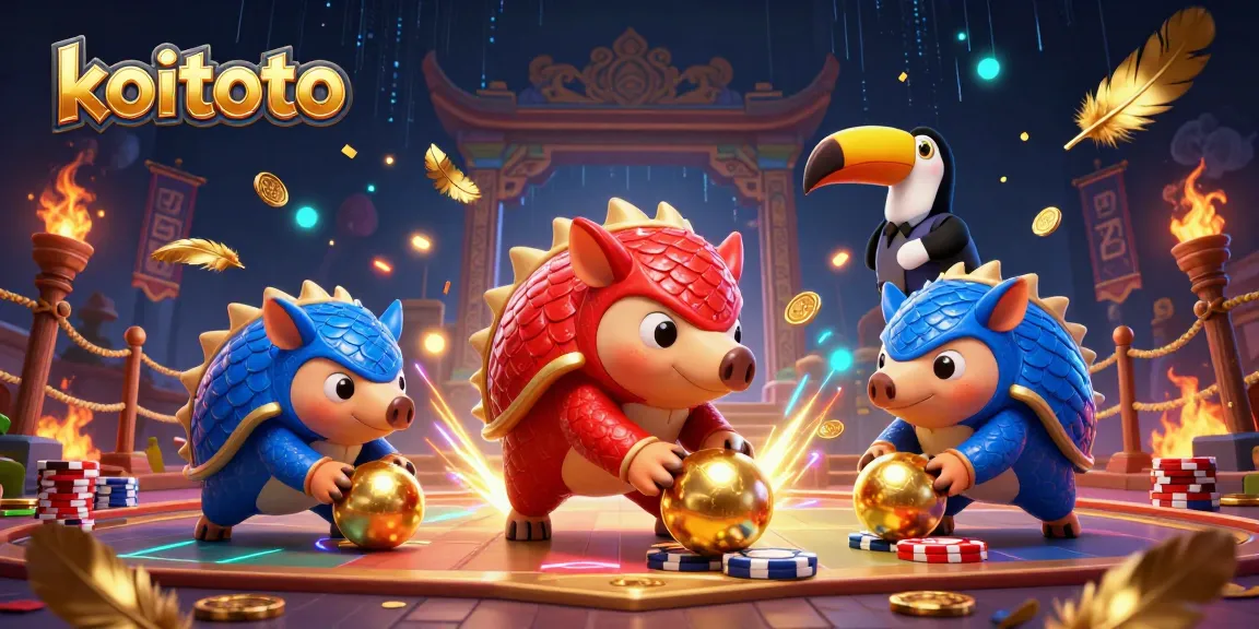 Koitoto pangolins compete with golden balls and poker chips in a vibrant casino arena