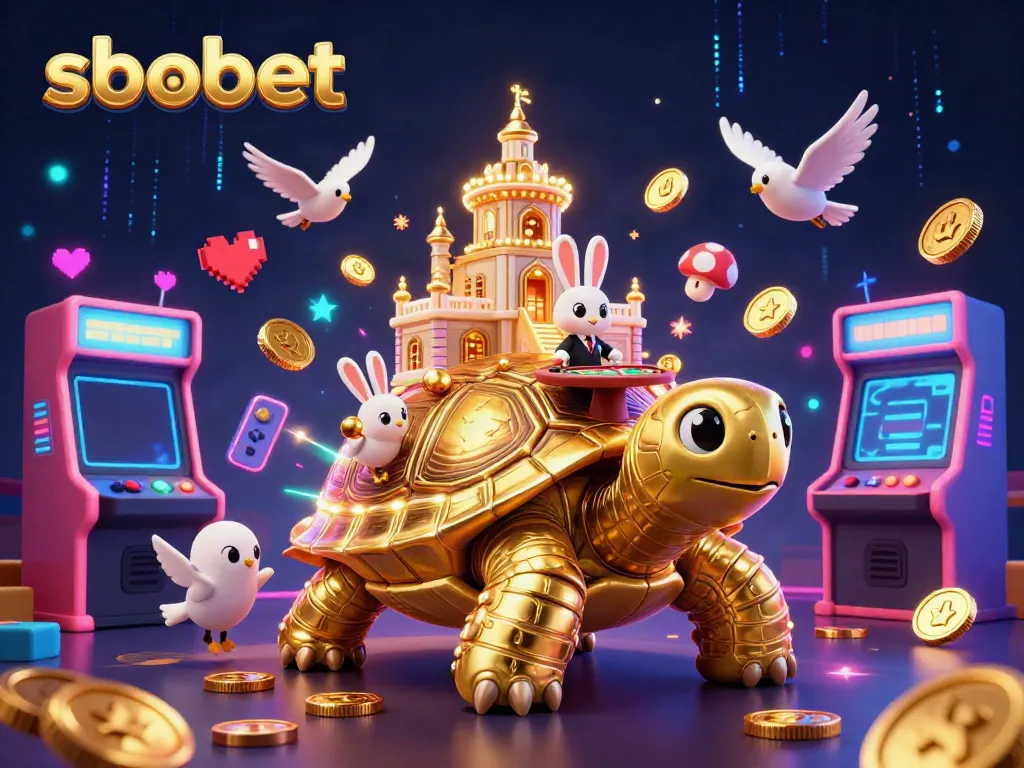 SboBet sports betting visual showcasing a giant golden tortoise casino and animated characters in a vibrant 3D scene.