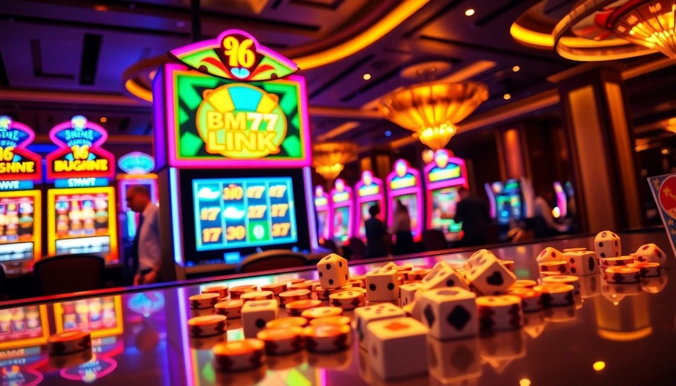 Bmw777 Link showcased in a luxurious casino setting with vibrant slot machines and colorful poker chips.