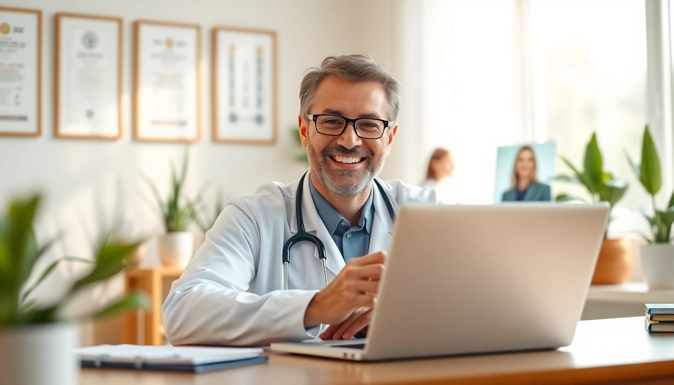 Chat with a doctor online now, showing a professional doctor engaging in a virtual consultation from a modern home office.