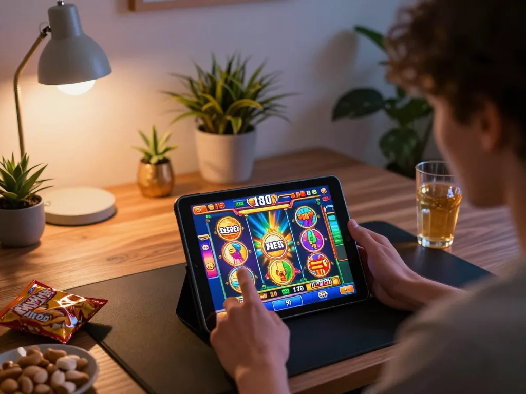 Player enjoying Gsc108's slot game on a tablet in a cozy home setting, highlighting online gaming excitement.