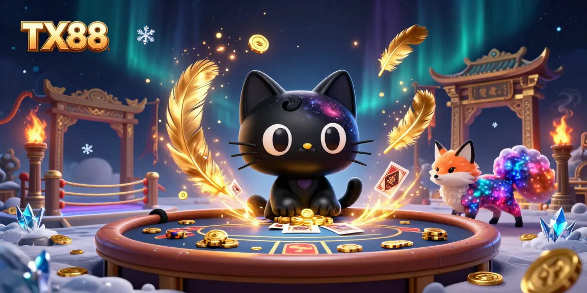 Engage in thrilling gameplay with TX88 as the black hole cat pulls chips in a cosmic casino.