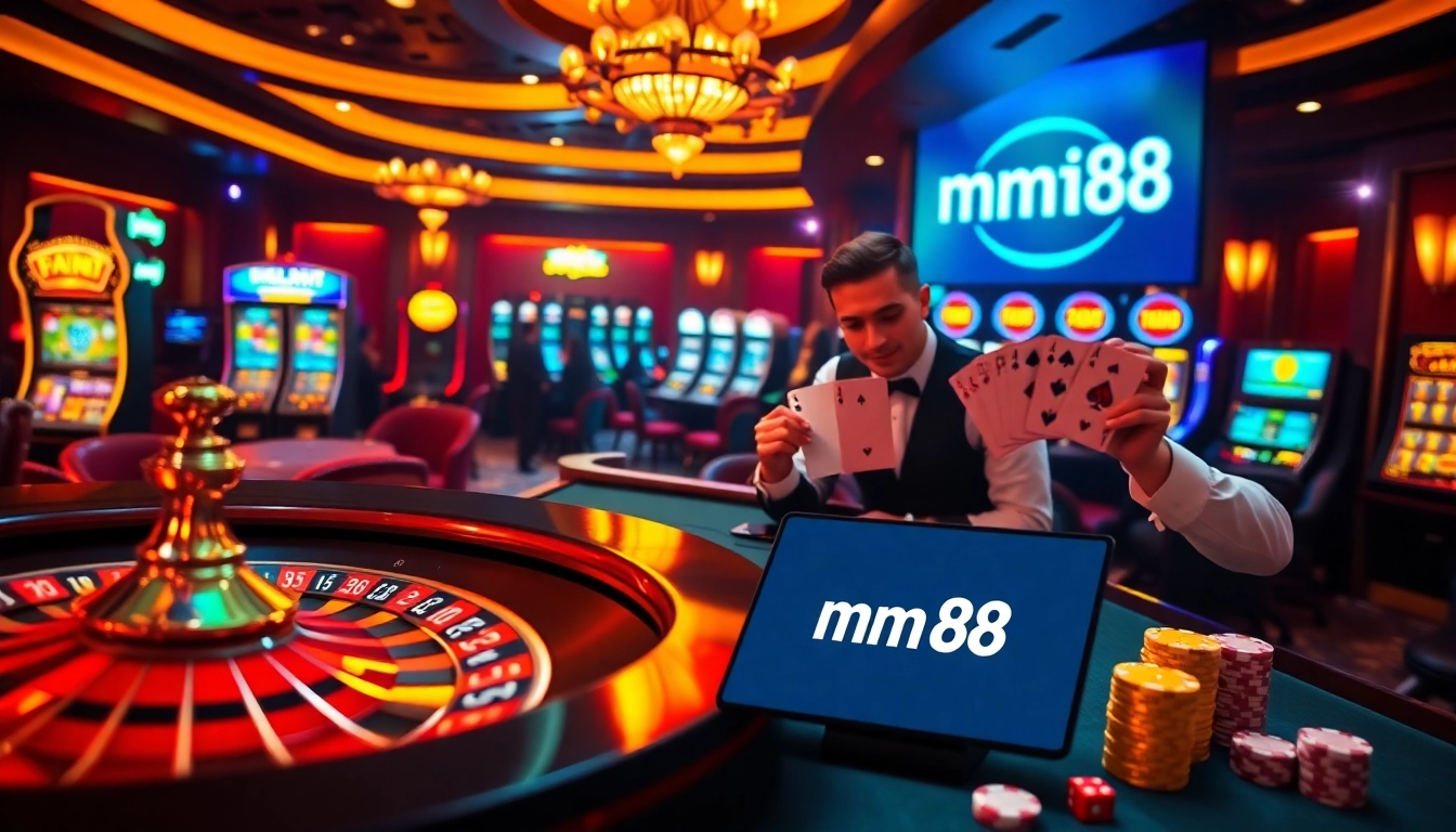 mm88 players betting at a luxurious casino table with vibrant elements and thrilling atmosphere.