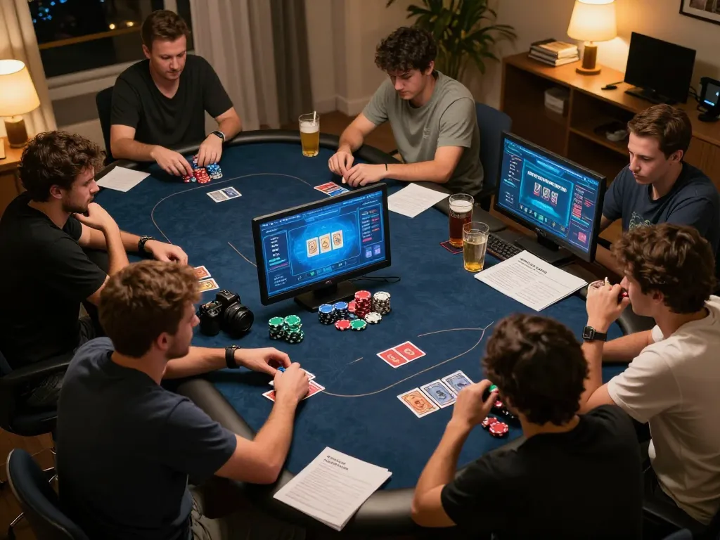 An engaging online poker session with players strategizing using btopcshop gaming tables, focused atmosphere.