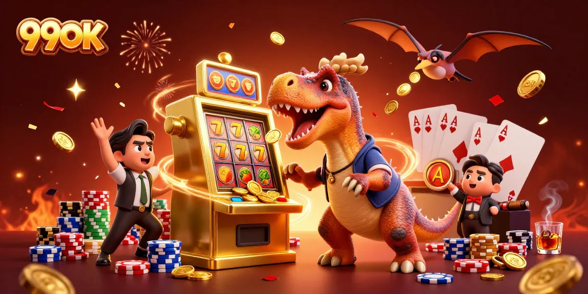 Experience the thrill of 99OK with a chaotic scene of a dinosaur slot machine jackpot celebration.
