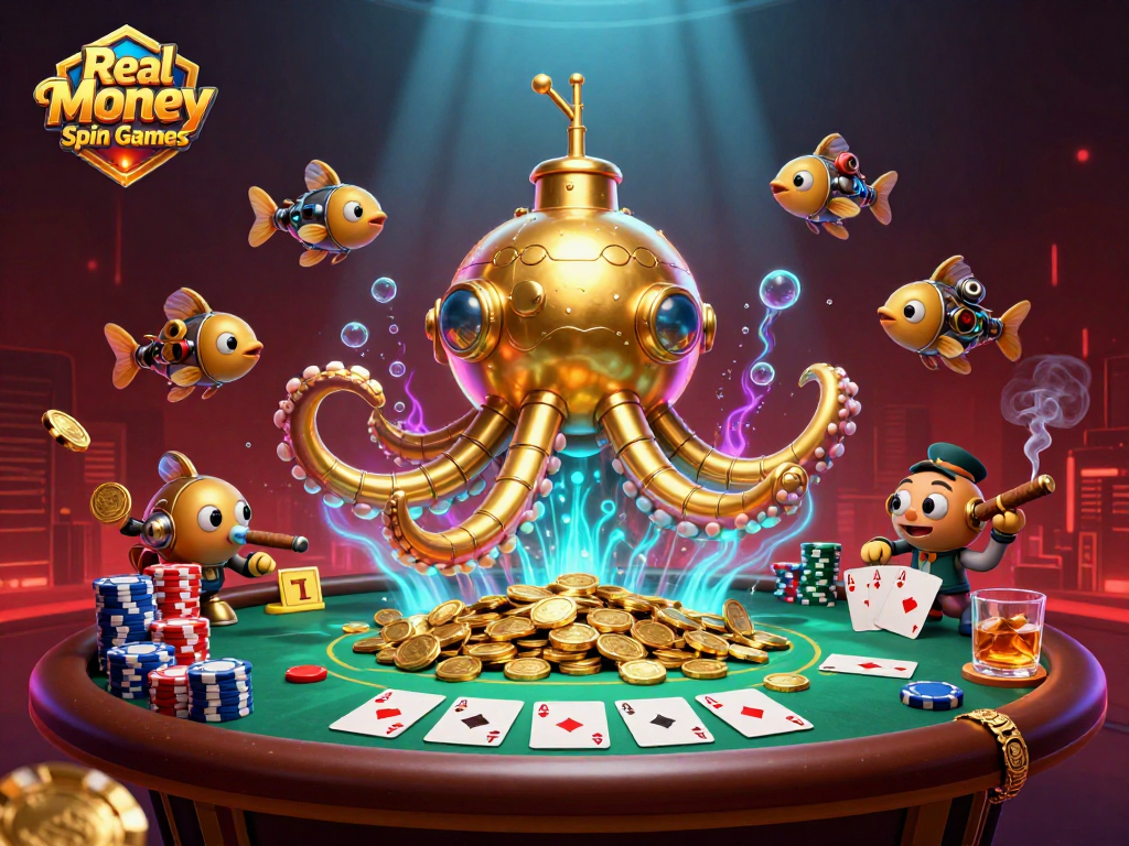 Experience Real Money Spin Games with a lively submarine and poker scene filled with dynamic elements.