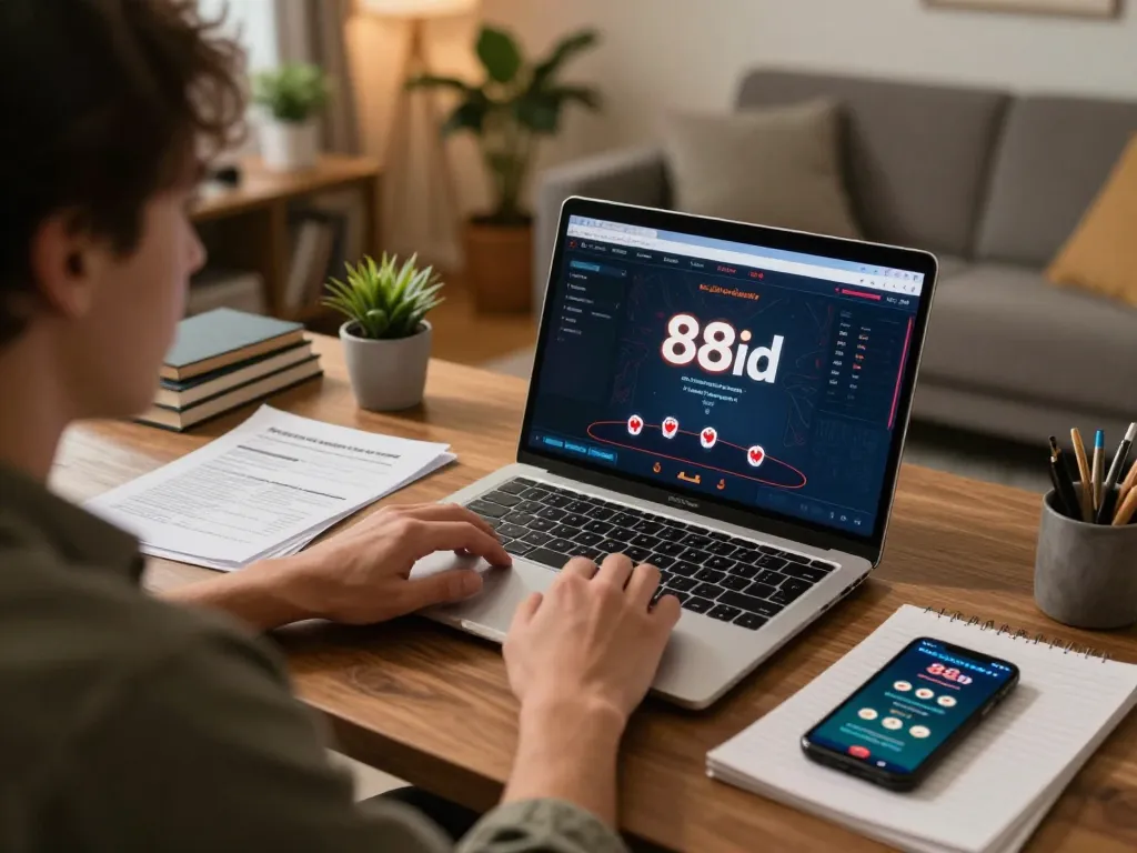 Pemain terlibat dalam poker online melalui platform 88id, memperlihatkan lingkungan permainan strategis dengan catatan dan aplikasi.