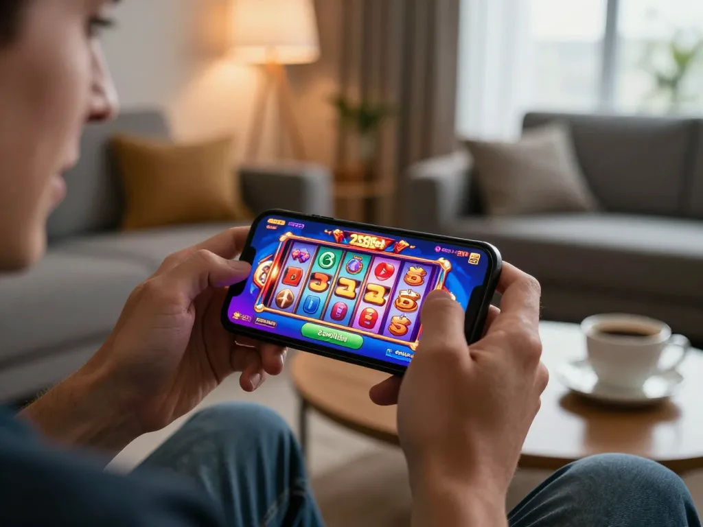 Player enjoying the thrilling 258bet gaming experience on a smartphone in a cozy setting.