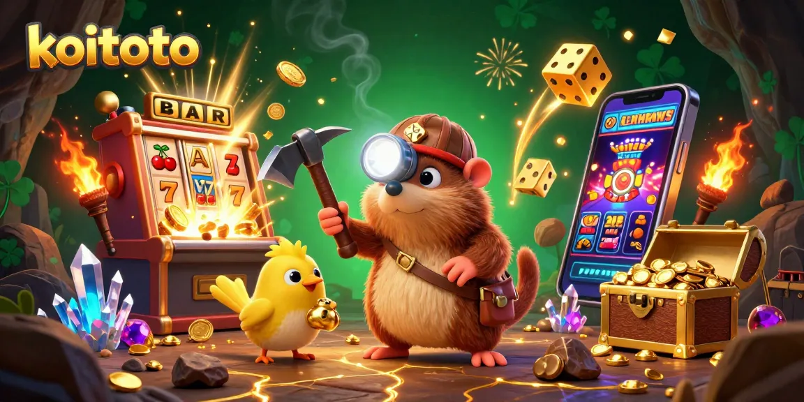 Koitoto action scene featuring a cartoon treasure hunter mole and canary collecting jackpots in a vibrant casino