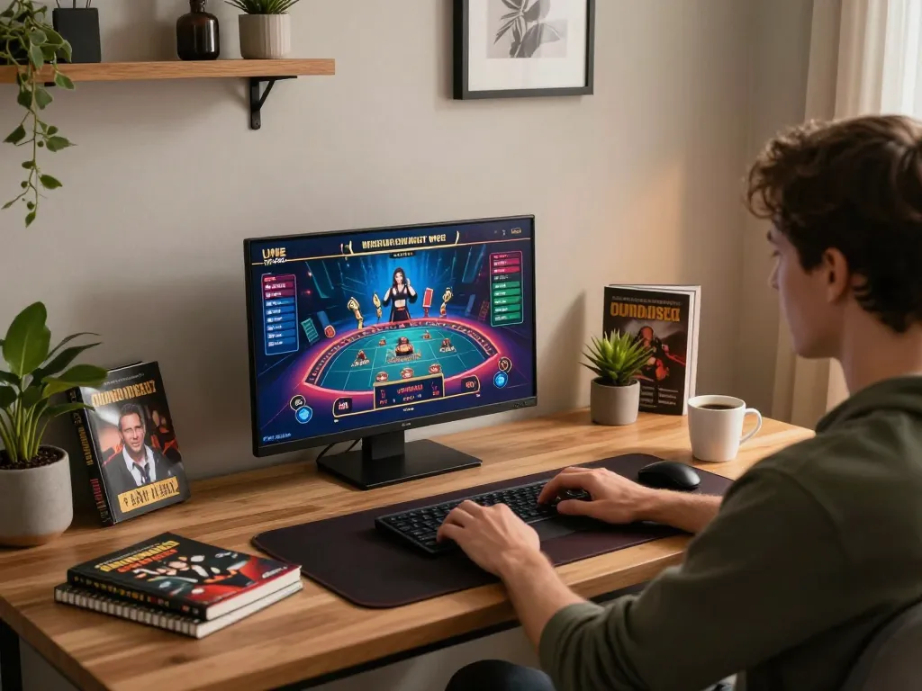 Player strategizing with bk8 at a modern home gaming setup, showcasing engaging online casino interface.