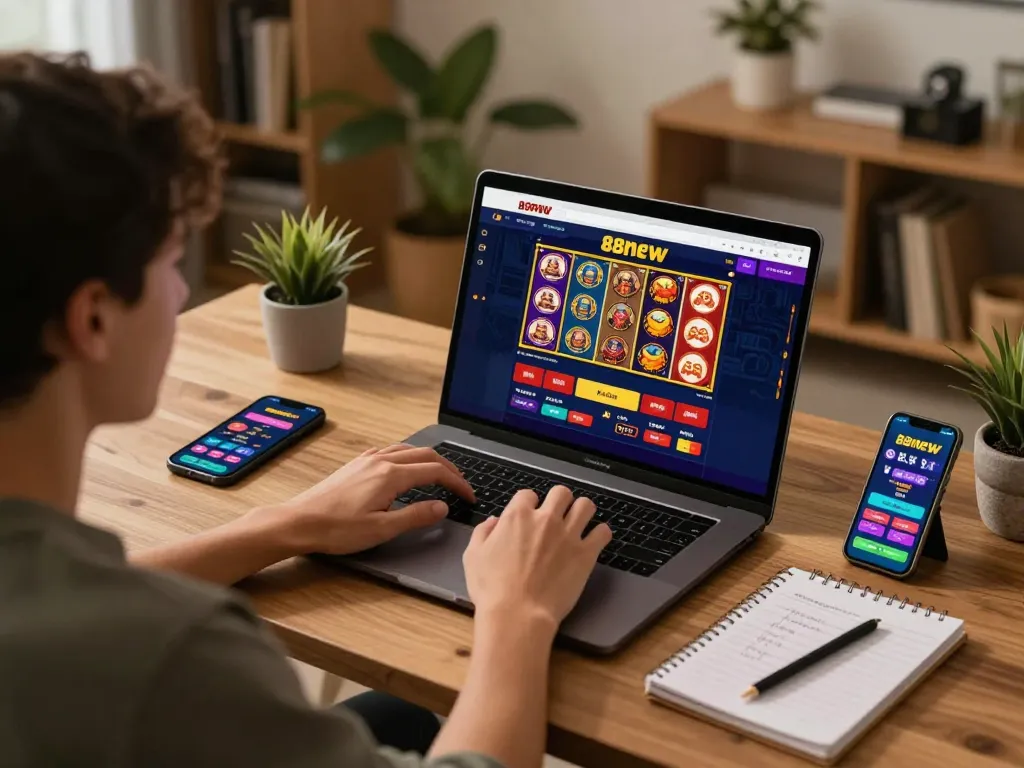 Engaged player using 88new online casino platform on laptop in a cozy home setting