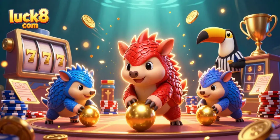 Experience luck8 com in vibrant slot games with pangolins rolling through golden balls and poker chips.