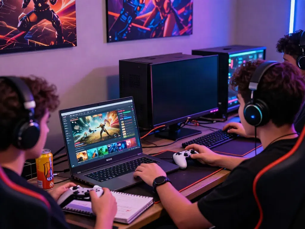 Exciting A80 online gaming scene with players, laptop, and vibrant graphics.