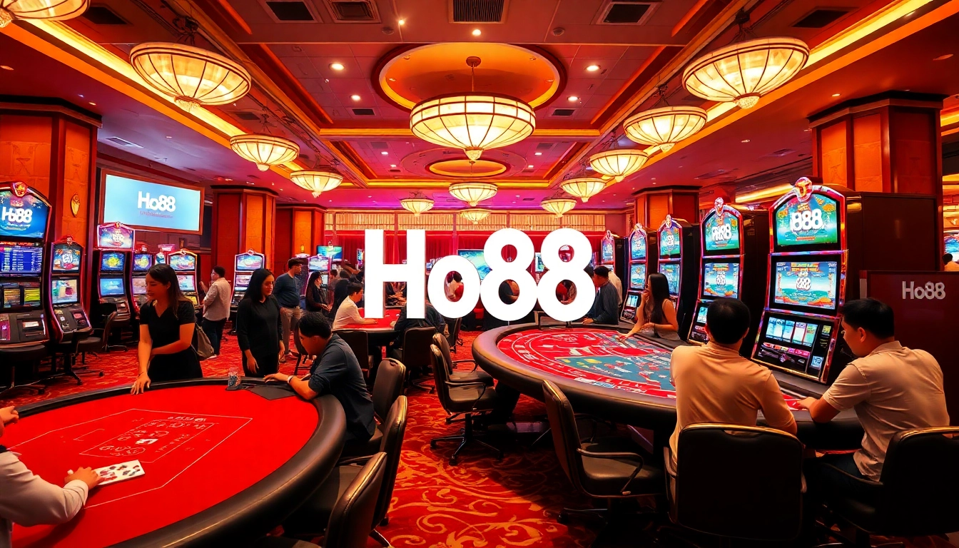 Exciting casino scene featuring Ho88 brand with diverse players enjoying baccarat and slots.