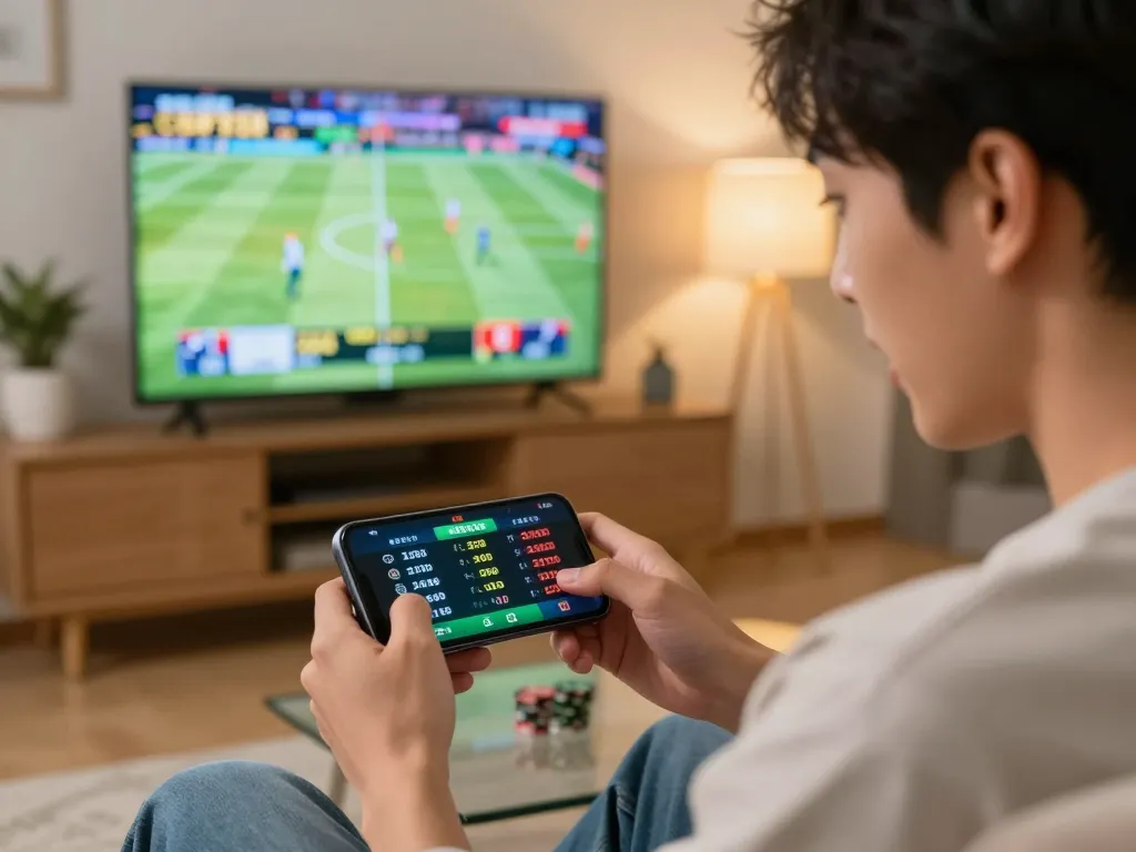 Engaging in sports betting on smartphone while watching live match, 789win com casino experience