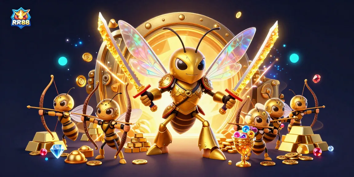 RR88 showcases a vibrant scene with a giant golden hornet and bee archers amidst treasure, creating a captivating casino atmosphere.