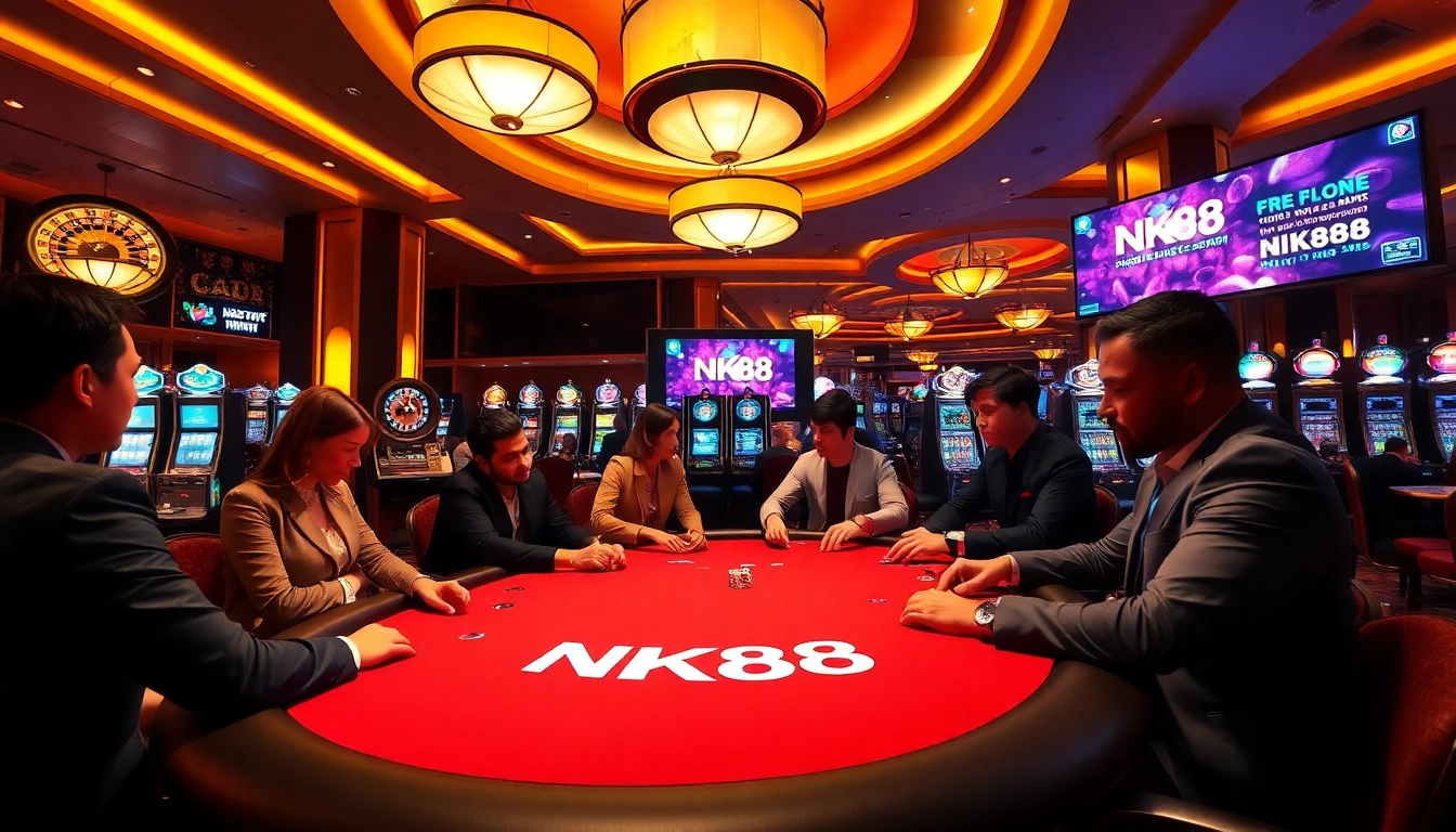 Experience the thrilling action at NK88's vibrant casino table, where players engage in strategic poker.