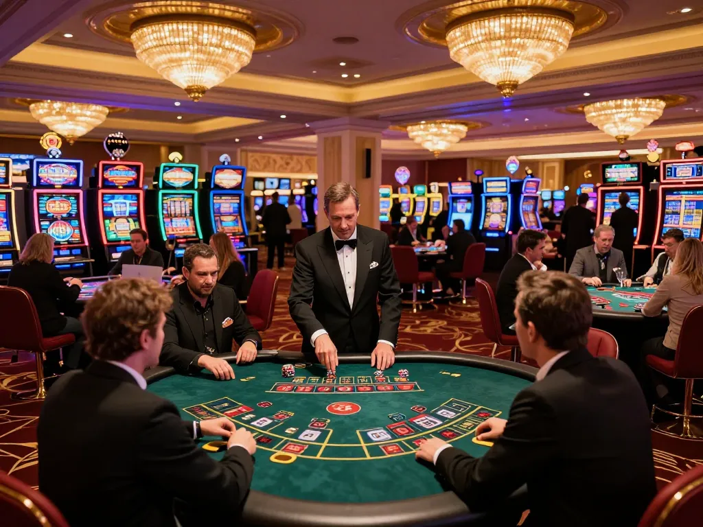 F168 players enjoying blackjack at a luxurious Las Vegas casino table with vibrant atmosphere