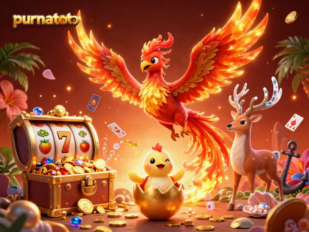 Memenangkan hadiah di purnatoto dengan phoenix berapi yang menghiasi latar belakang slot jackpot dan harta karun.