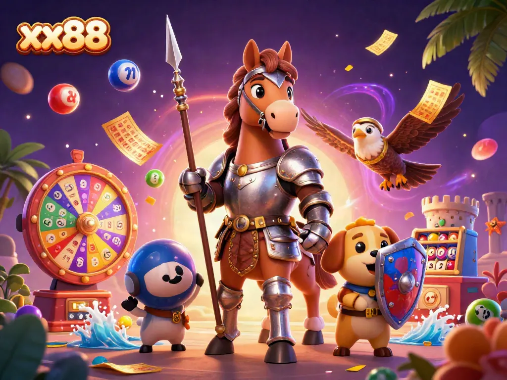 Engage with exciting xx88 gaming action featuring vibrant lottery elements and casino characters.