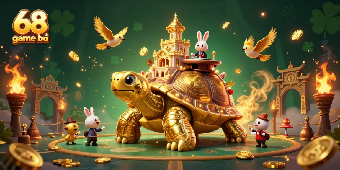 Experience the thrill of 68 game bài with a dynamic scene of a golden tortoise casino and rabbit dealer.