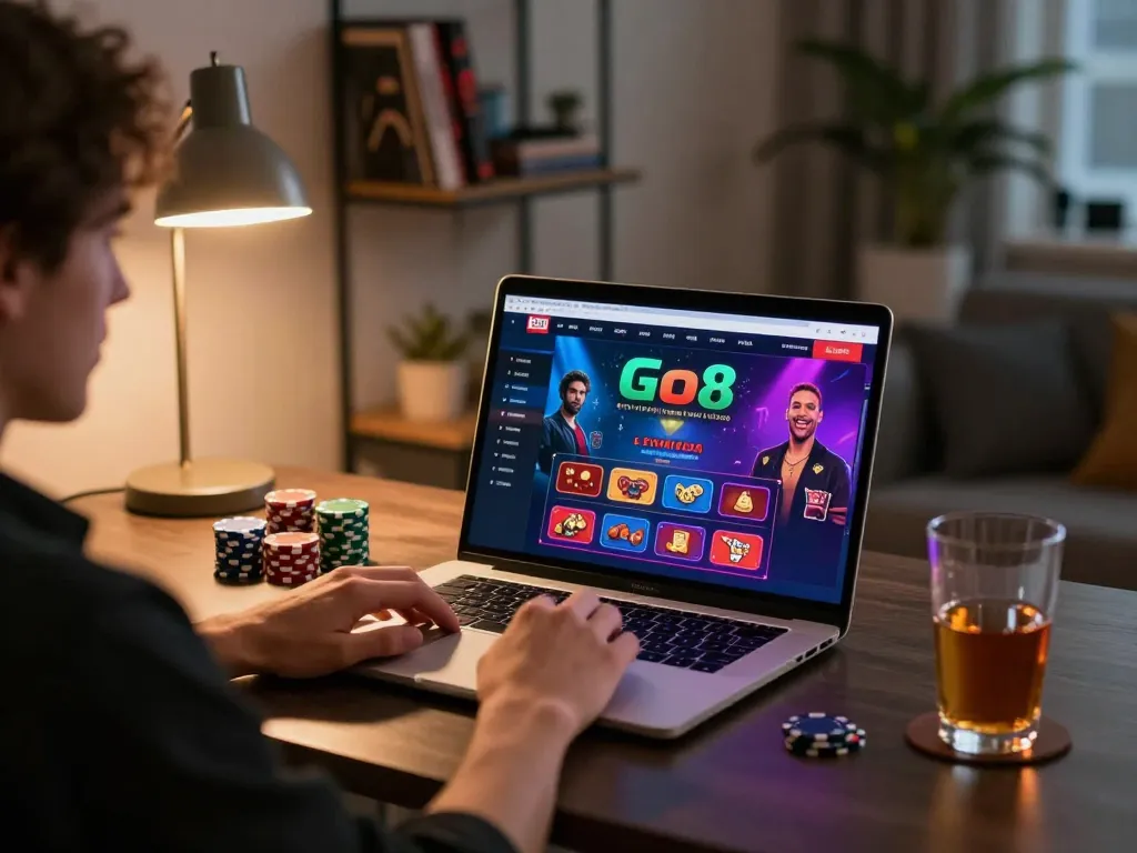 Experience seamless gaming at Go8 with a cozy home setup and vibrant casino interface
