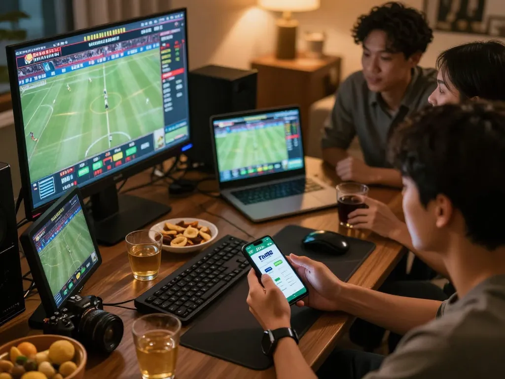 Experience exciting sports betting on Fun88 with friends in a warm home setting, showcasing vibrant screens and smart devices.