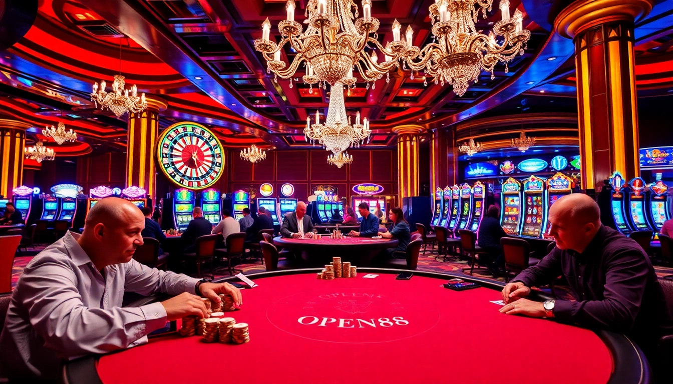 High-stakes poker action showcasing OPEN88 casino excitement with intense players and vibrant chips.